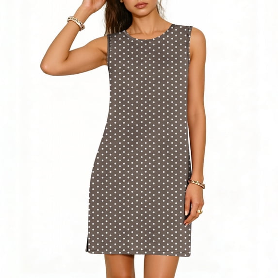 Qiopertar Women's Casual Polka Dot Sleeveless Dress Round Neck Side Slit Pullover Summer Beach Vacation Boho Flowy A-Line Dress, Brown XXL