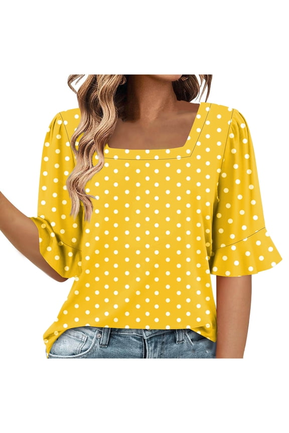 Women's Casual Polka Dot Square Neck Lace Short Sleeve Blouse Fashion Summer Printed Round Neck Tops Boho Vacation Party, Yellow S