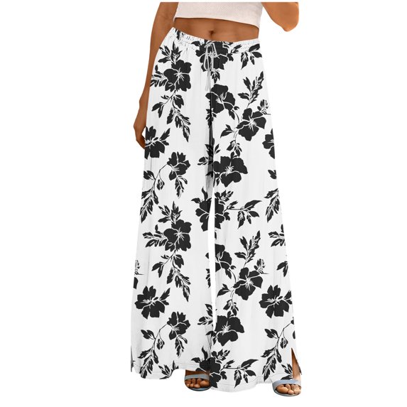 Qiopertar Women's Casual Printed Pants with Pockets Elastic Waist Drawstring Wide Leg Flare Trousers Loose Fit Split Hem Beach Vacation Travel, Black XL