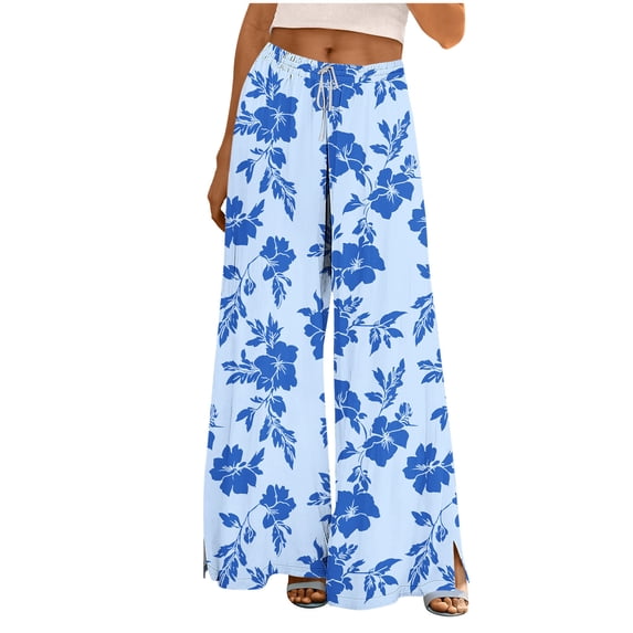 Qiopertar Women's Casual Printed Pants with Pockets Elastic Waist Drawstring Wide Leg Flare Trousers Loose Fit Split Hem Beach Vacation Travel, Sky Blue XL