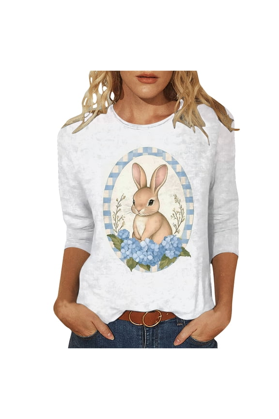 Women's Casual Printed Round Neck 3/4 Sleeve T-Shirt Blouse Easter Print Loose Fit Spring Winter Fashion Top, Blue M