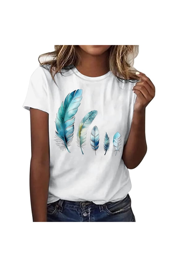 Women's Casual Printed Short Sleeve Tops Feather Print Round Neck Blouse Spring Summer Fashion Party Vacation Shirts, White XXL