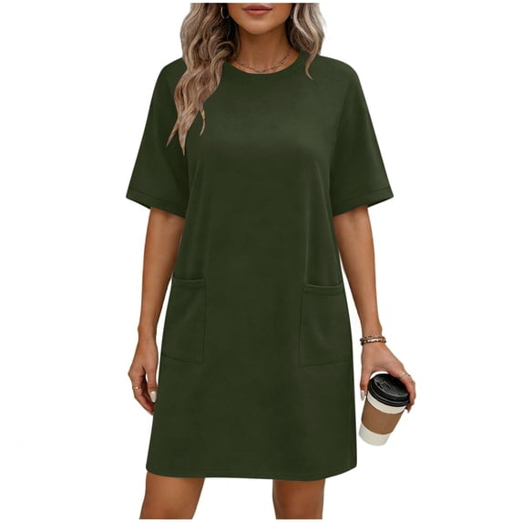 Qiopertar Women's Casual Short Sleeve Round Neck Bandage Dress with Pockets Solid Color A-Line Skirt Spring Summer Vacation Travel Comfy Relaxed, Army Green XXL
