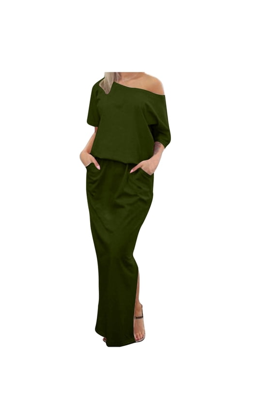 Women's Casual Short Sleeve Off Shoulder Maxi Dress with Pockets Spring Summer Beach Vacation Boho Flowy Ankle Length Solid Color Dress, Army Green M