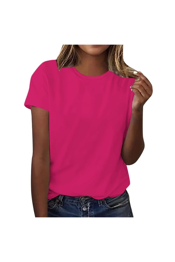 Women's Casual Short Sleeve Tops Solid Color Pullover Round Neck Spring Summer Fashion Tees Comfy Relaxed Basic Shirts, Hot Pink XL