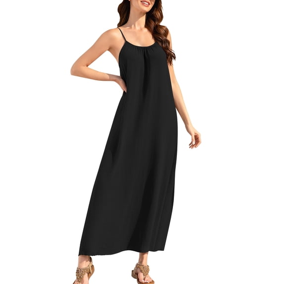 Qiopertar Women's Casual Sleeveless Backless Slip Dress Round Neck Loose Fit Lounge Wear Solid Color Maxi Dress, Black XXL