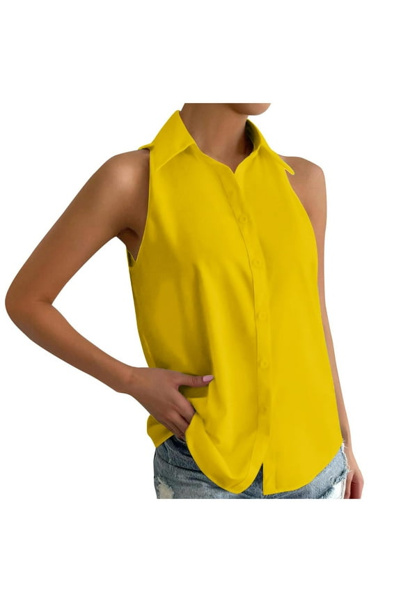 Women's Casual Sleeveless Button-Up Shirt Solid Color Square Neck Top Spring Summer Fashion Blouse Vacation Party Comfy Basic Tops, Yellow XL