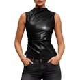 thumbnail image 1 of Qiopertar Women's Casual Sleeveless Leather Vest Asymmetric Hem Tops Peplum Waist Zipper Neckline Party Club Night Out Fashion, Black M, 1 of 7
