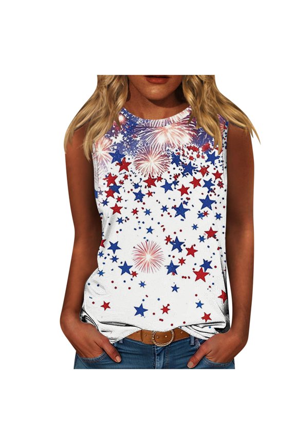 Women's Casual Sleeveless Round Neck Top Independence Day Printed Tank Tops Summer Spring Vacation Party Night Out Comfy Blouse, 4XL