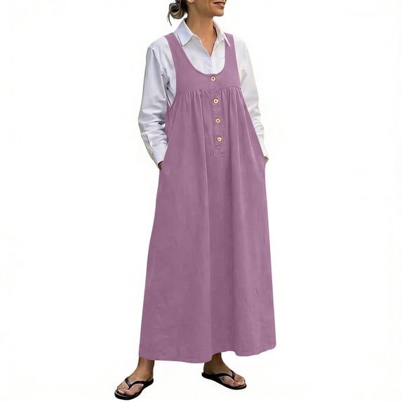 Qiopertar Women's Casual Solid Color Sleeveless Strap Dress Round Neck Jumper Dress Spring Summer Beach Vacation Comfy Relaxed Fashion, Purple M