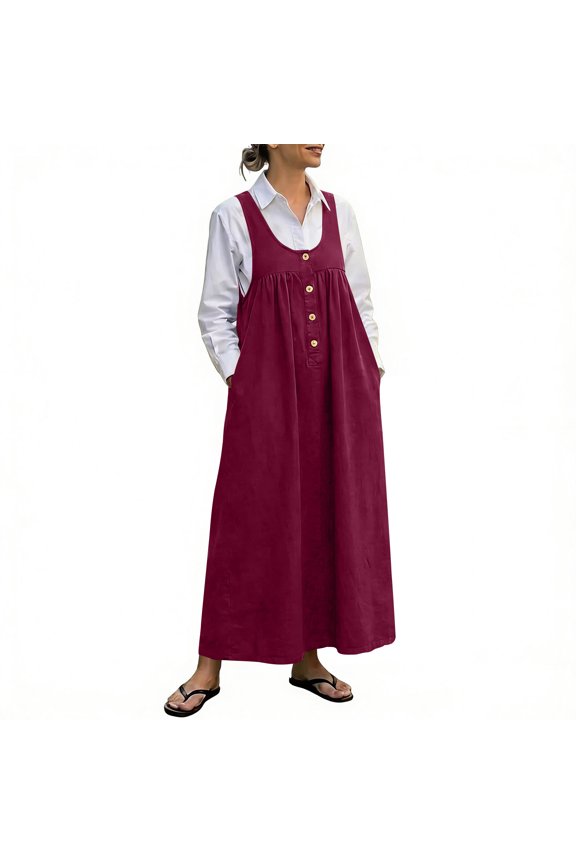 Women's Casual Solid Color Sleeveless Strap Dress Round Neck Jumper Dress Spring Summer Beach Vacation Comfy Relaxed Fashion, Wine S