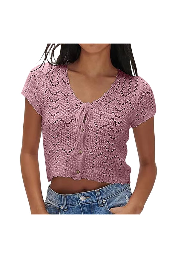 Women's Casual V-Neck Short Sleeve Top Loose Cropped Hollow Out Bow Tie Blouse Spring Summer Fashion Crop Top Party Vacation Shirt, Purple L