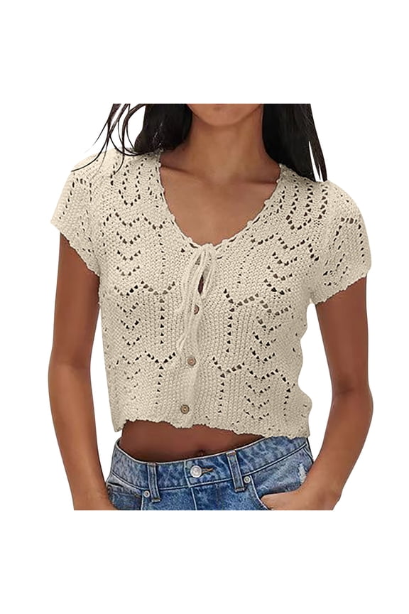 Women's Casual V-Neck Short Sleeve Top Loose Cropped Hollow Out Bow Tie Blouse Spring Summer Fashion Crop Top Party Vacation Shirt, Beige S