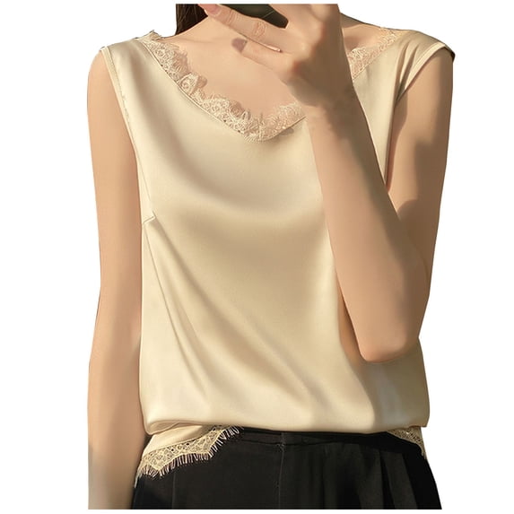 Qiopertar Women's Casual V-Neck Tank Top Lace Trim Sleeveless Blouse Summer Fashion Solid Color Loose Comfy Camisole, Beige XXL
