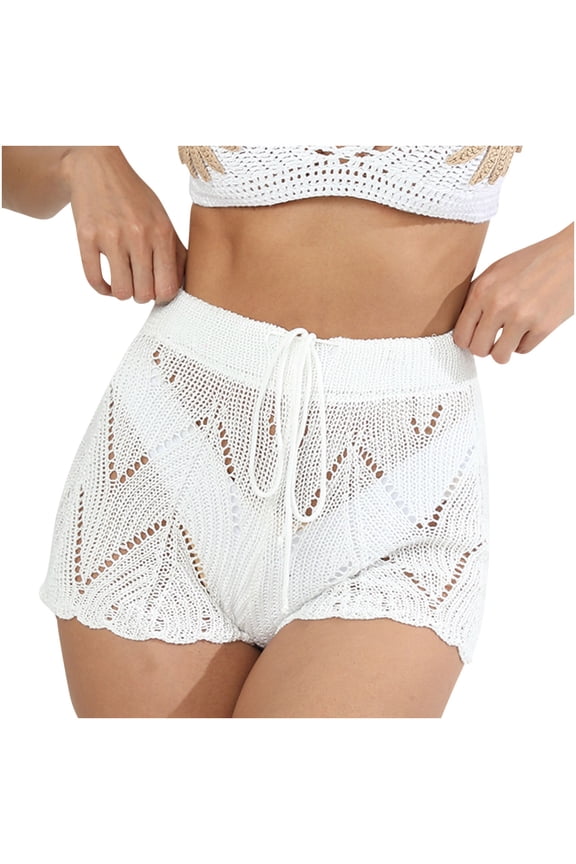 Women's Crochet Shorts Beach Cover Up Lace Swim Trunks Elastic Waist Stretchy Comfy Casual Vacation Pool Party Bikini Bottoms, White L