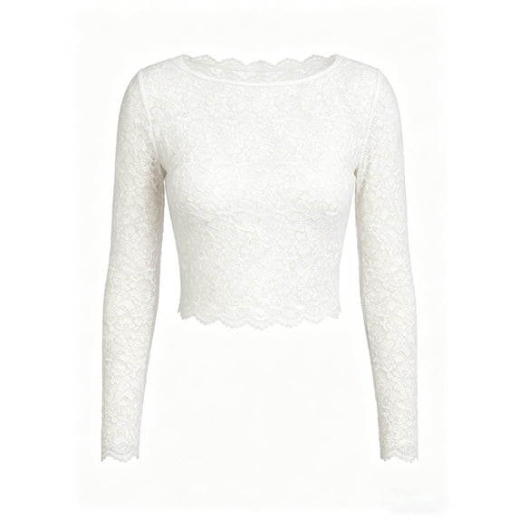 Qiopertar Women's Crop Tops Lace Long Sleeve Round Neck Sheer Blouse Elegant Dressy Party Cocktail Night Out Club Formal Evening Wedding Guest Slim Fitted Top, White M
