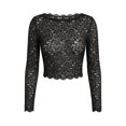 thumbnail image 1 of Qiopertar Women's Crop Tops Lace Long Sleeve Round Neck Sheer Blouse Elegant Dressy Party Cocktail Night Out Club Formal Evening Wedding Guest Slim Fitted Top, Black M, 1 of 7