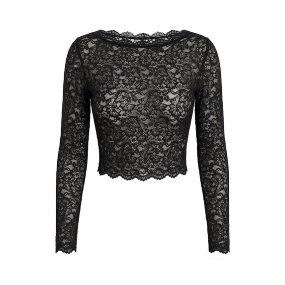 Qiopertar Women's Crop Tops Lace Long Sleeve Round Neck Sheer Blouse Elegant Dressy Party Cocktail Night Out Club Formal Evening Wedding Guest Slim Fitted Top, Black M