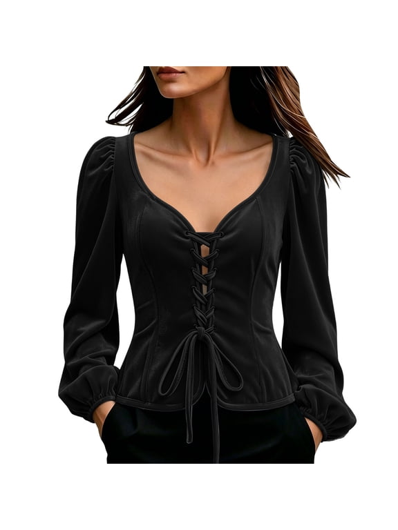 Women's Gothic Velvet Tops V Neck Puff Sleeve Tie Front Slim Blouse Vintage Dressy Party Halloween Top Black L