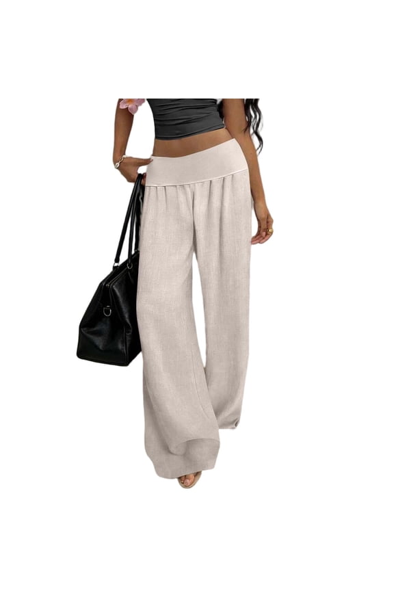 Women's High Waist Loose Straight Leg Pants Solid Patchwork Casual Comfy Wide Leg Trousers, Beige XXL