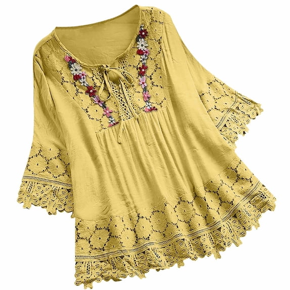 Qiopertar Women's Lace Patchwork V-Neck Tie Front Blouse Short Sleeve Casual Tops Summer Fashion Bandage Shirts, Yellow M