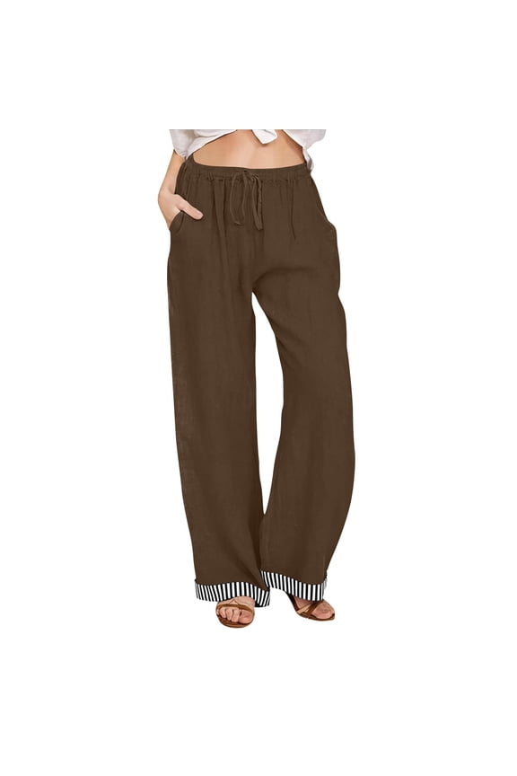 Women's Linen Blend Casual Pants Stripe Patchwork Elastic Waist Wide Leg Trousers with Pockets Loose Straight Leg Beach Vacation Travel Comfy Lounge Pants, Brown XXL