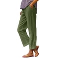 thumbnail image 1 of Qiopertar Women's Linen-Like Casual Pants Elastic Waist Pocket Pants Straight Leg Long Pants Relaxed Fit Boho Summer Beach Vacation Travel with Side Slits, Army Green 3XL, 1 of 7