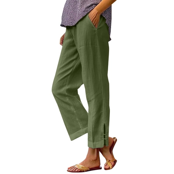 Qiopertar Women's Linen-Like Casual Pants Elastic Waist Pocket Pants Straight Leg Long Pants Relaxed Fit Boho Summer Beach Vacation Travel with Side Slits, Army Green 3XL