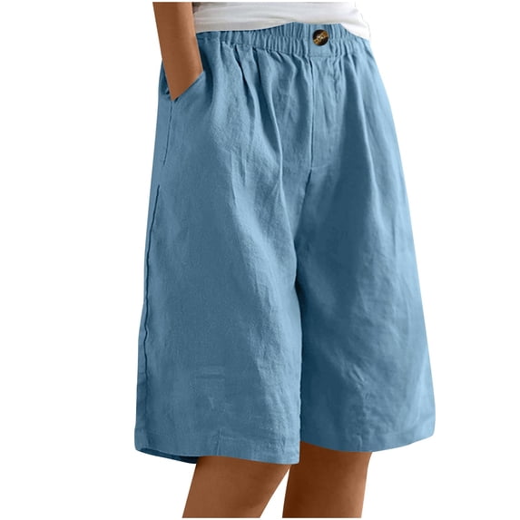 Qiopertar Women's Linen Shorts Summer Elastic Waist Casual Pants with Pockets Cotton Linen Blend Capri Pants, Blue 3XL