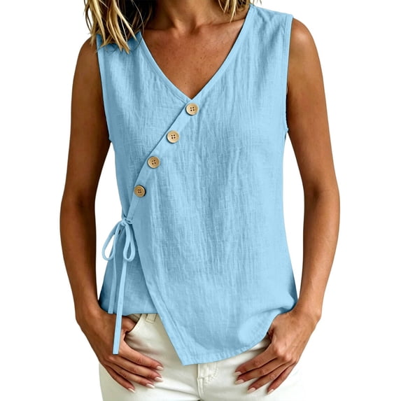 Qiopertar Women's Linen Tank Tops Sleeveless V Neck Button Down Casual Summer Blouses Boho Wrap Tie Front Loose Beach Tops, Blue S