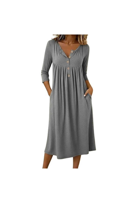 Women's Long Dress 3/4 Sleeve Button Neck Solid Casual Dress with Pockets Spring Summer Vacation Travel Boho Loose Fit Maxi Dress, Gray XXL