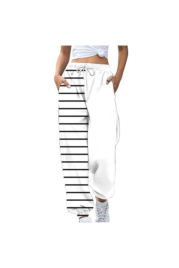 Women's Loose Casual Striped Print Pocket Drawstring Trousers Fashion Pants with Pockets Relaxed Fit Streetwise Travel Joggers, White XXL
