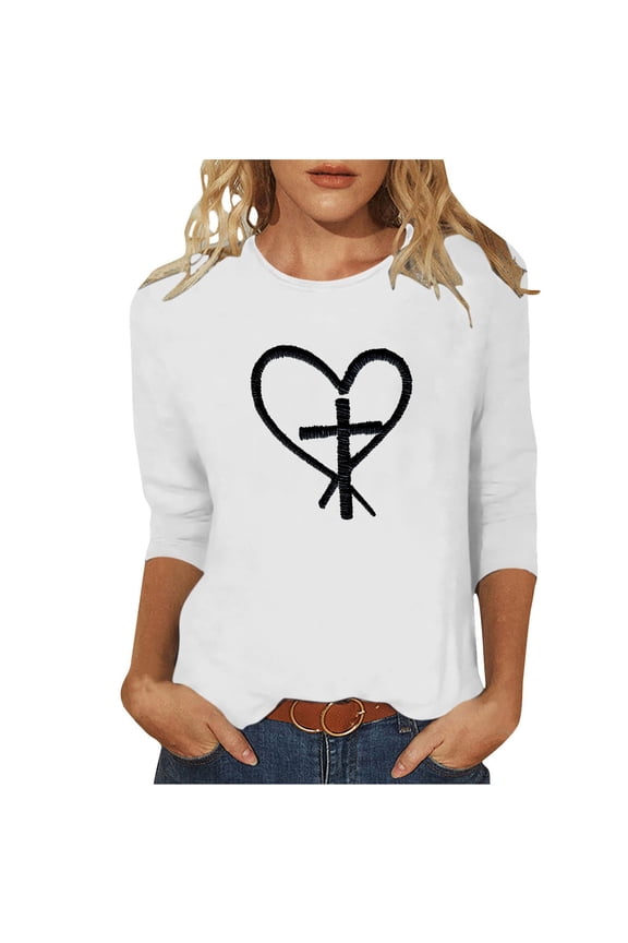 Women's Loose Casual T-Shirt 3/4 Sleeve Round Neck Blouse Easter Cross Print Fashion Top Relaxed Spring Summer Vacation Tee, White XXL