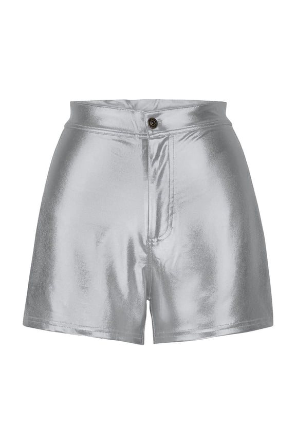 Women's Metallic Candy Color Elastic Tight Shorts Casual Fashion Stretchy High Waist Solid Color Workout Gym Yoga Shorts, Silver XXL