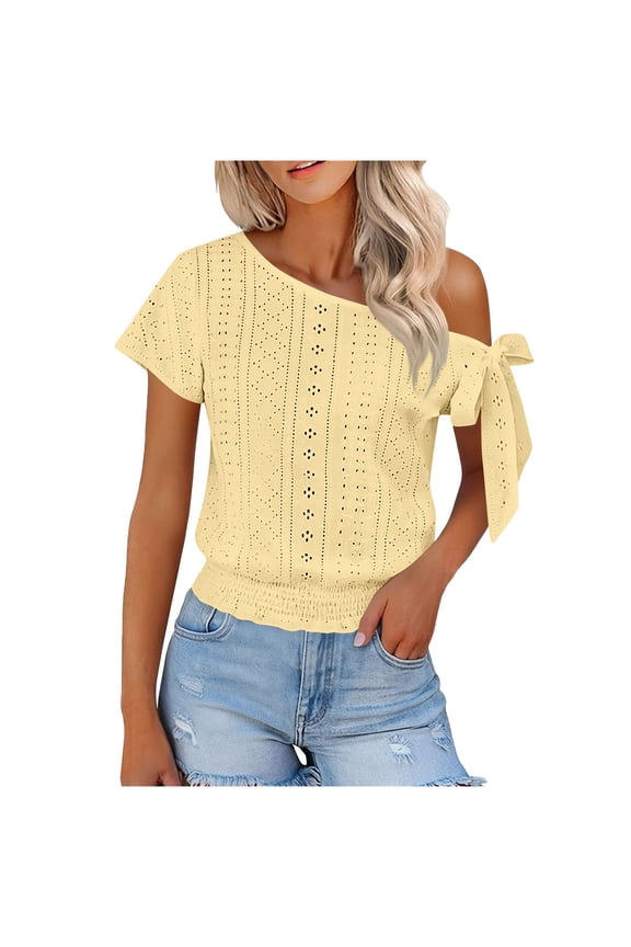Women's One Shoulder Tops Solid Bandage Short Sleeve Semi Cutway Pullover Casual Comfy Spring Summer Vacation Beach Party, Yellow S