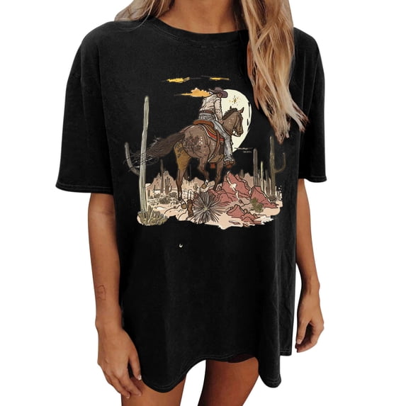 Qiopertar Women's Oversized T-Shirt Vintage Cow Skull Graphic Tees Casual Round Neck Short Sleeve Shirts Spring Summer Fall Relaxed Streetwear, Black XL