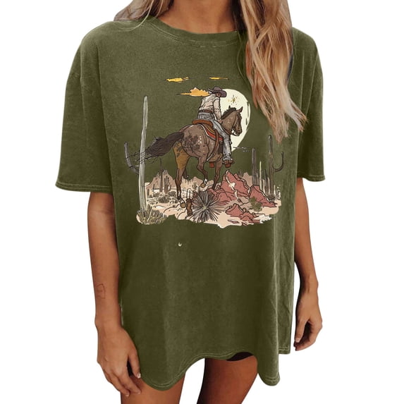 Qiopertar Women's Oversized T-Shirt Vintage Cow Skull Graphic Tees Casual Round Neck Short Sleeve Shirts Spring Summer Fall Relaxed Streetwear, Green S