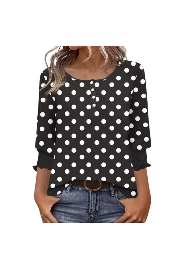 Women's Polka Dot Print Button Up T-Shirt 3/4 Sleeve Round Neck Casual Top Spring Summer Vacation Beach Shirt, Black XXL