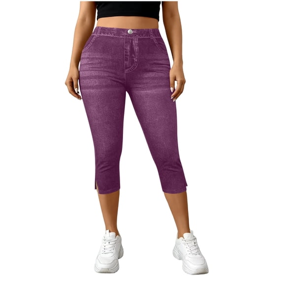 Qiopertar Women's Printed Jeggings High Waisted Stretchy Pants with Pockets Casual Elastic Waist Slim Fit Slit Hem Comfortable Non-Denim Fabric, Wine M