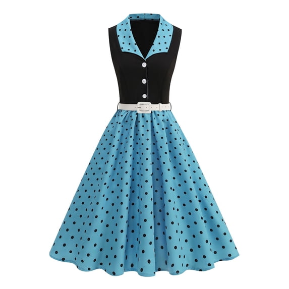 Qiopertar Women's Retro Polka Dot Print Dress Wedding Guest Cocktail Party Sleeveless Round Neck A-Line Floral Casual Elegant Dress, Blue L