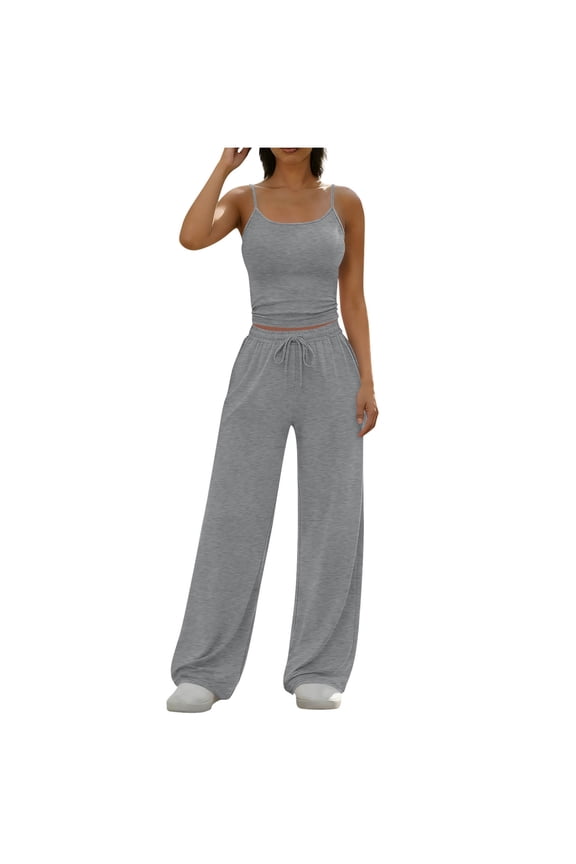 Women's Ribbed Tank Top and High Waisted Flare Pants Set Solid Color Casual Lounge Outfit Sling Top with Drawstring Waist and Pockets Two Piece Set, Dark Gray S