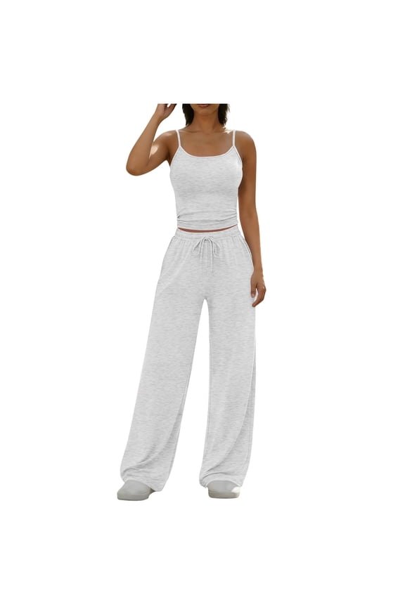 Women's Ribbed Tank Top and High Waisted Flare Pants Set Solid Color Casual Lounge Outfit Sling Top with Drawstring Waist and Pockets Two Piece Set, Gray S