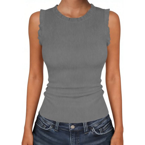 Qiopertar Women's Ribbed Tank Tops Sleeveless Ruffle Trim Round Neck Slim Fit Basic Casual Summer Tops, Gray M