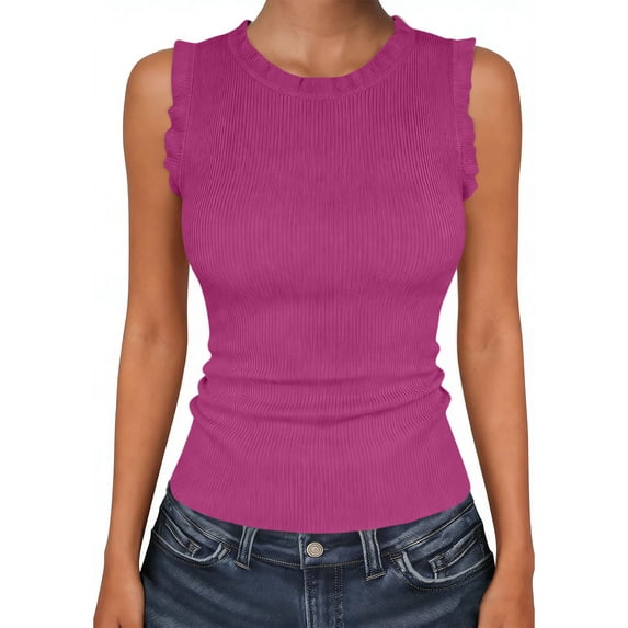 Qiopertar Women's Ribbed Tank Tops Sleeveless Ruffle Trim Round Neck Slim Fit Basic Casual Summer Tops, Hot Pink XL