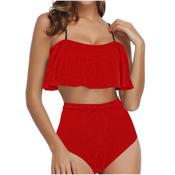 Qiopertar Women's Ruffled Swimsuit Set Vintage Two Piece Bikini with Shorts High Waist Tummy Control Swimwear Beach Pool Party Vacation, Red XL