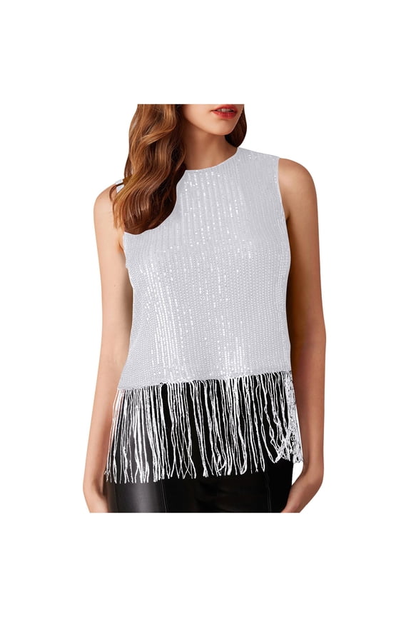 Women's Sequin Fringe Casual Top Short Sleeve Crew Neck Pullover Blouse Party Night Out Club Fashion Trendy Comfy Tunic, White S