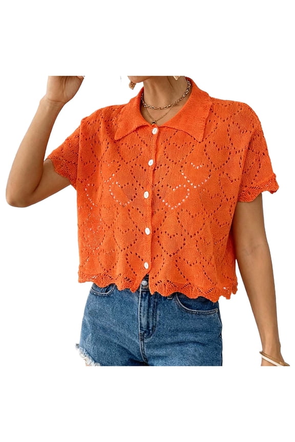 Women's Short Sleeve Button Up Blouse Lace Hollowed Out Casual Top Solid Color Turndown Collar Shirt Spring Summer Fashion, Orange M