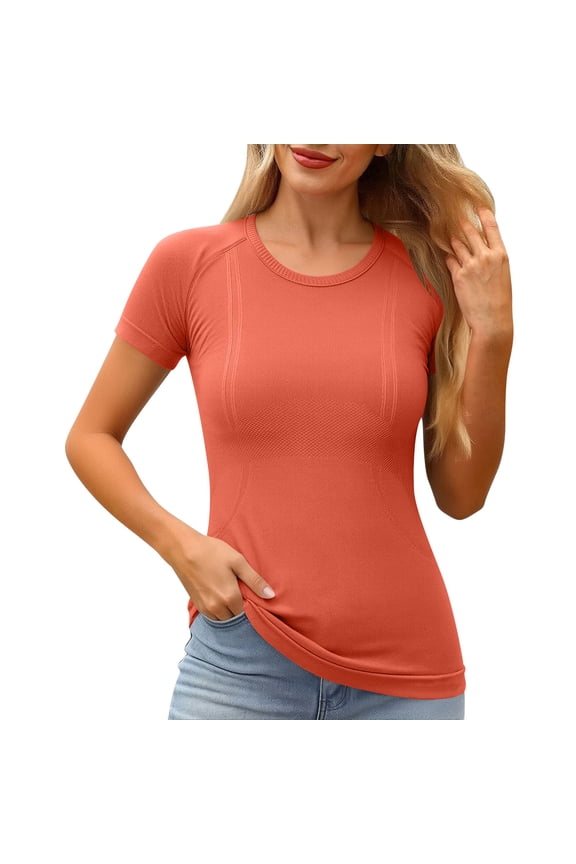 Women's Short Sleeve Round Neck T-Shirt Slim Fit Sports Top Running Fitness Yoga Shirt Casual Comfy Breathable Workout Tee, Orange 10/XL