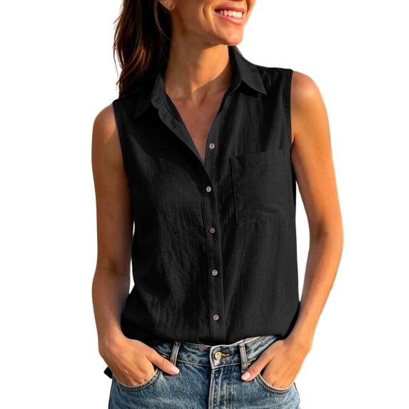 Qiopertar Women's Sleeveless Button Down Shirt Collared V Neck Casual Blouse Summer Linen Cotton Soft Loose Tank Tops, Black L