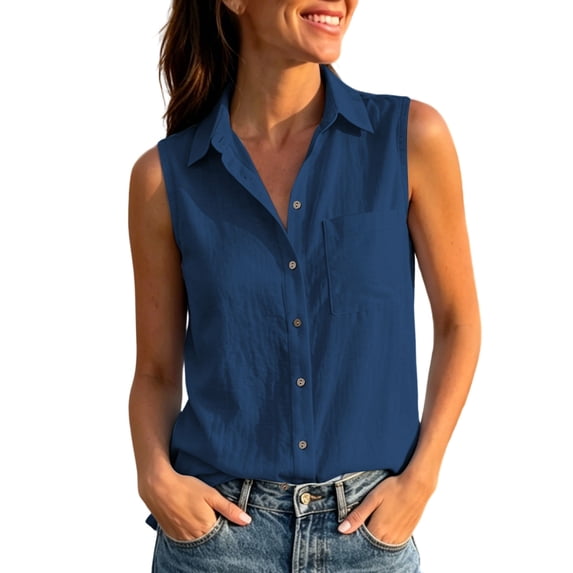 Qiopertar Women's Sleeveless Button Down Shirt Collared V Neck Casual Blouse Summer Linen Cotton Soft Loose Tank Tops, Navy XXL